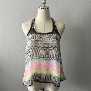 Aéropostale Tank Top Blouse Aztec Southwestern Sheer Raw Edge Blk/White/Neon XS